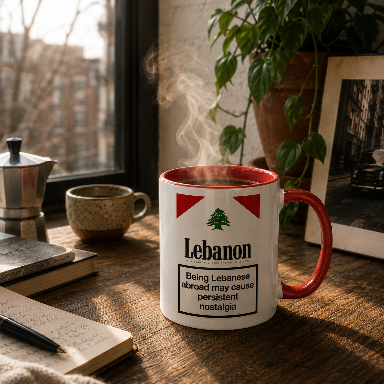 Persistent Nostalgia mug on a wooden desk by a window